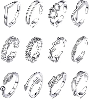 12PCS Toe Rings for Women 14K Gold/Silver Plated Adjustable Toe Ring Set Open Heart Arrow Infinity Rings Beach Foot Jewelry for Summer