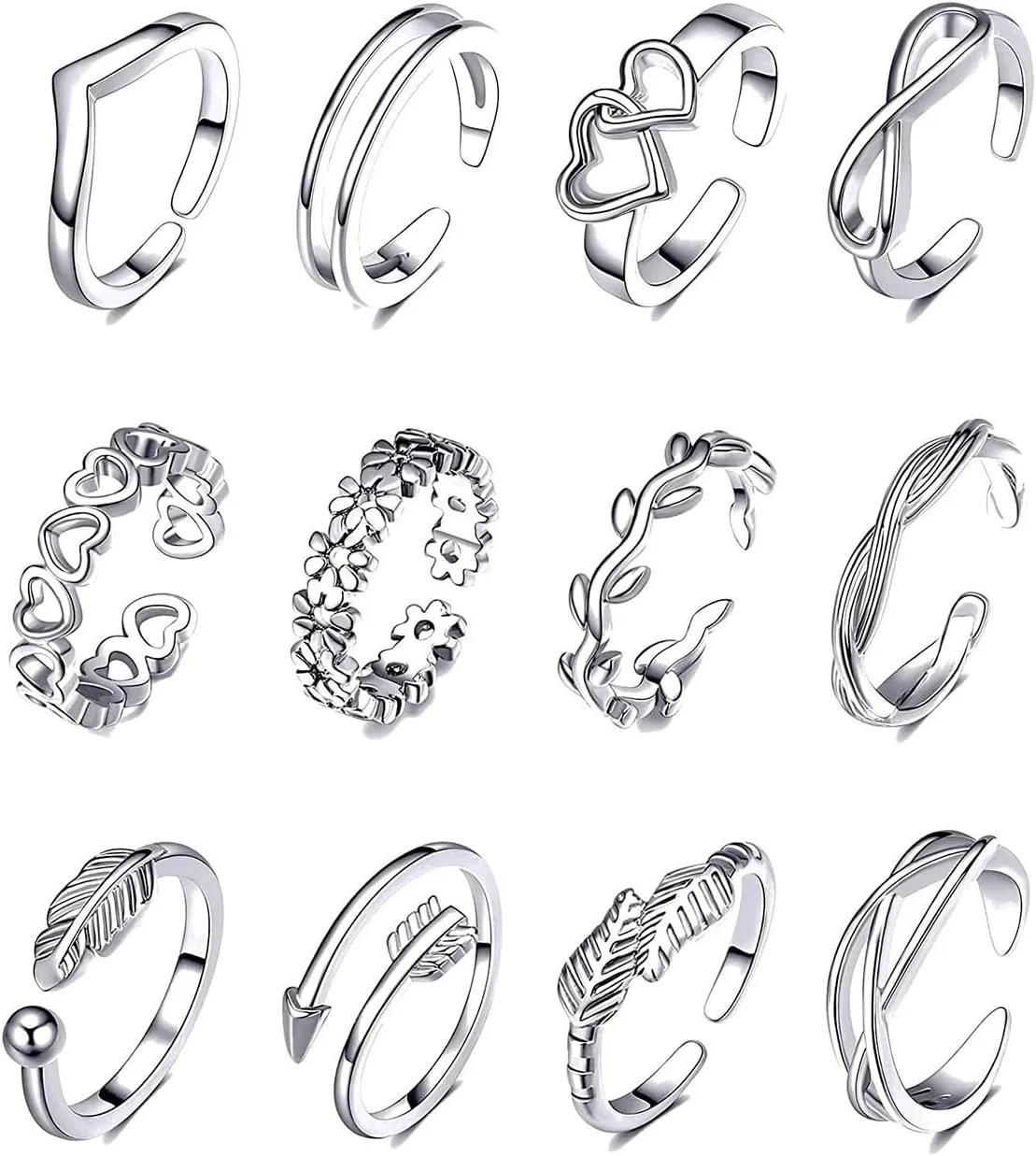 12PCS Toe Rings for Women 14K Gold/Silver Plated Adjustable Toe Ring Set Open Heart Arrow Infinity Rings Beach Foot Jewelry for Summer