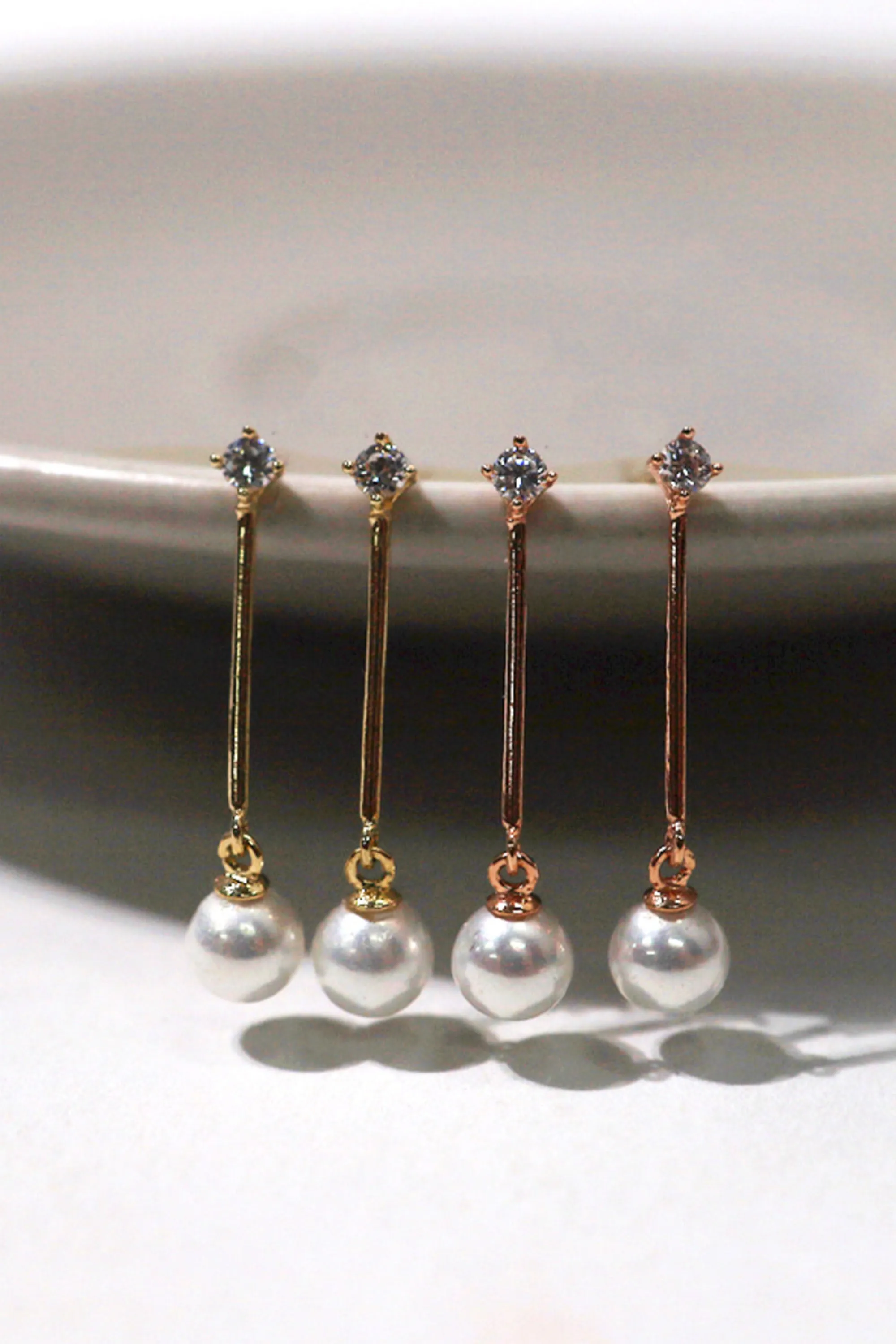 14k Solid Gold Stud Pearl Mid Length Drop Stud Earring