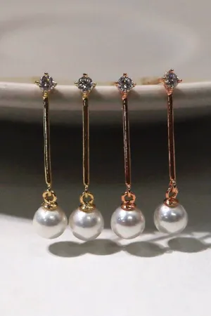 14k Solid Gold Stud Pearl Mid Length Drop Stud Earring