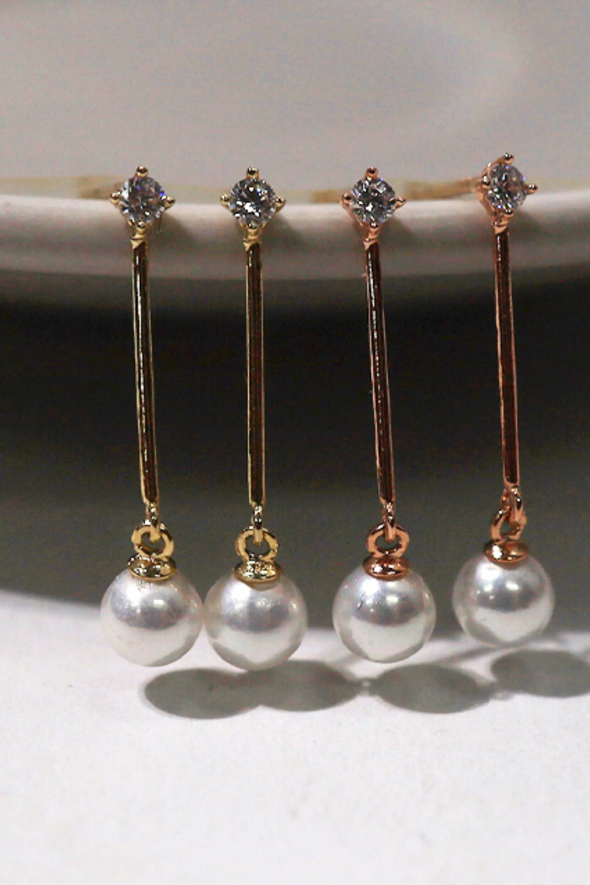14k Solid Gold Stud Pearl Mid Length Drop Stud Earring