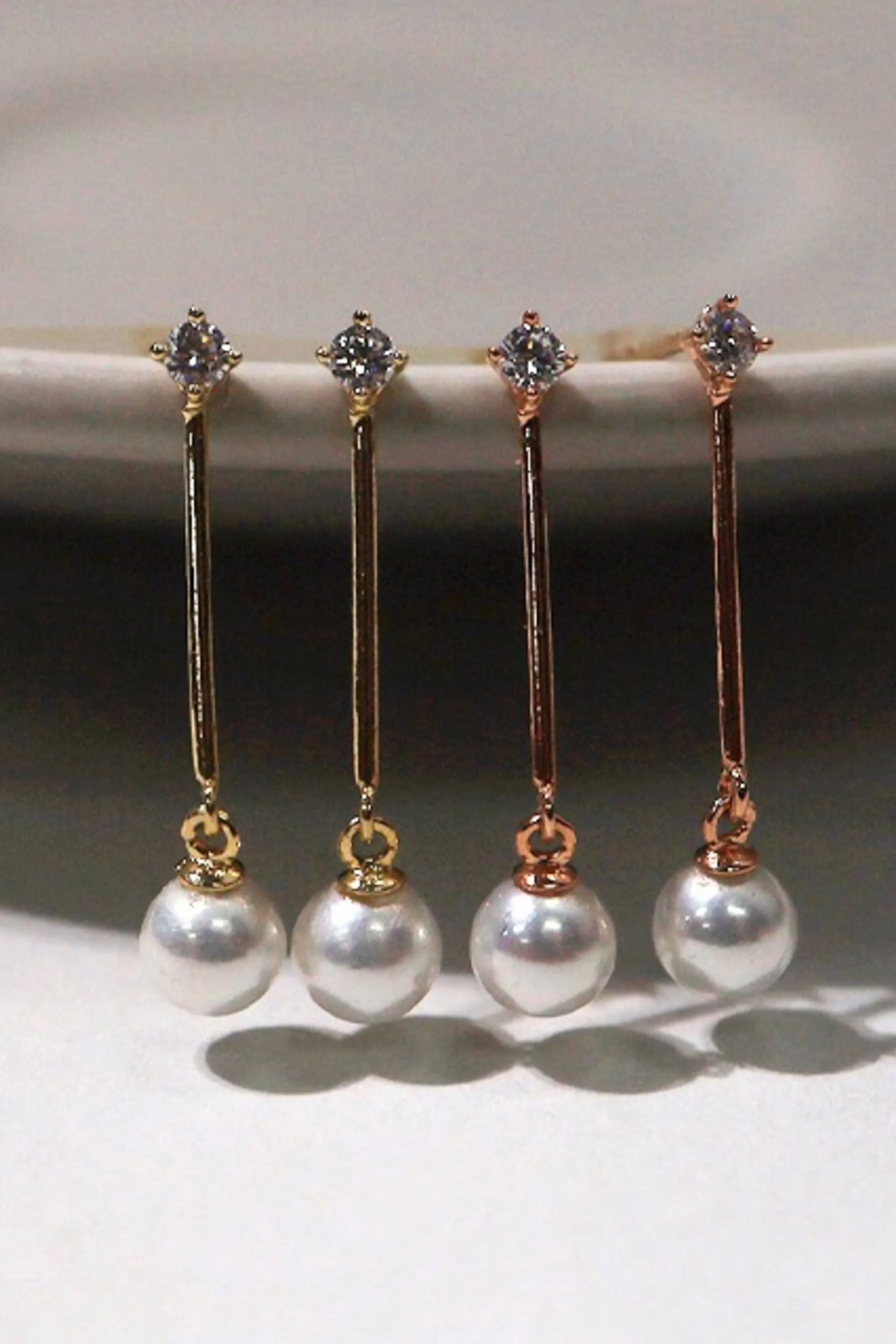 14k Solid Gold Stud Pearl Mid Length Drop Stud Earring