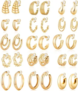 15 Pairs Gold Clip on Earrings for Women Fashion,Lightweight Fake Earrings Set
