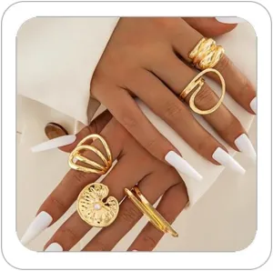 3-12PCS Gold Chunky Rings For Women 14K Gold Plated Stacking Ring Set Open Dome Knuckle Rings Adjustable Chunky Signet Rings Irregular Skeleton Geometric Stacking Ring Set
