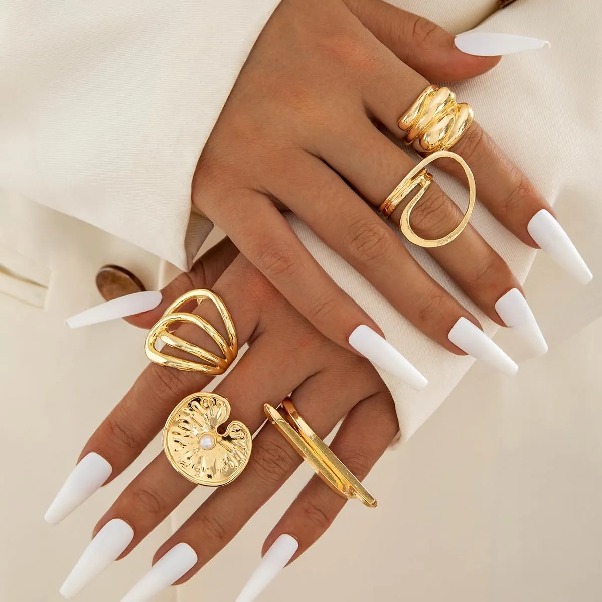 3-12PCS Gold Chunky Rings For Women 14K Gold Plated Stacking Ring Set Open Dome Knuckle Rings Adjustable Chunky Signet Rings Irregular Skeleton Geometric Stacking Ring Set