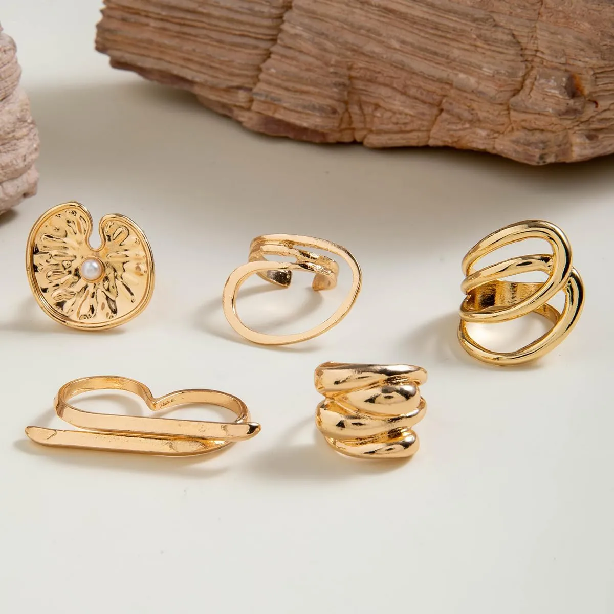 3-12PCS Gold Chunky Rings For Women 14K Gold Plated Stacking Ring Set Open Dome Knuckle Rings Adjustable Chunky Signet Rings Irregular Skeleton Geometric Stacking Ring Set