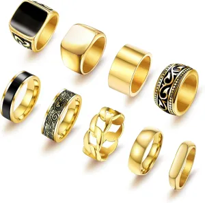 9 Pcs Men's Stainless Steel Vintage Signet Ring Set: Square, Pinky, Thumb, Chunky, Thin Band, Cuban Link, Biker Rings for Men