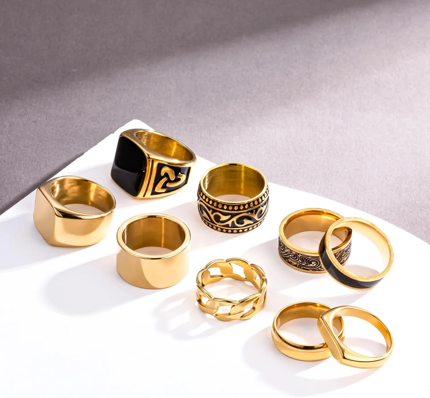 9 Pcs Men's Stainless Steel Vintage Signet Ring Set: Square, Pinky, Thumb, Chunky, Thin Band, Cuban Link, Biker Rings for Men
