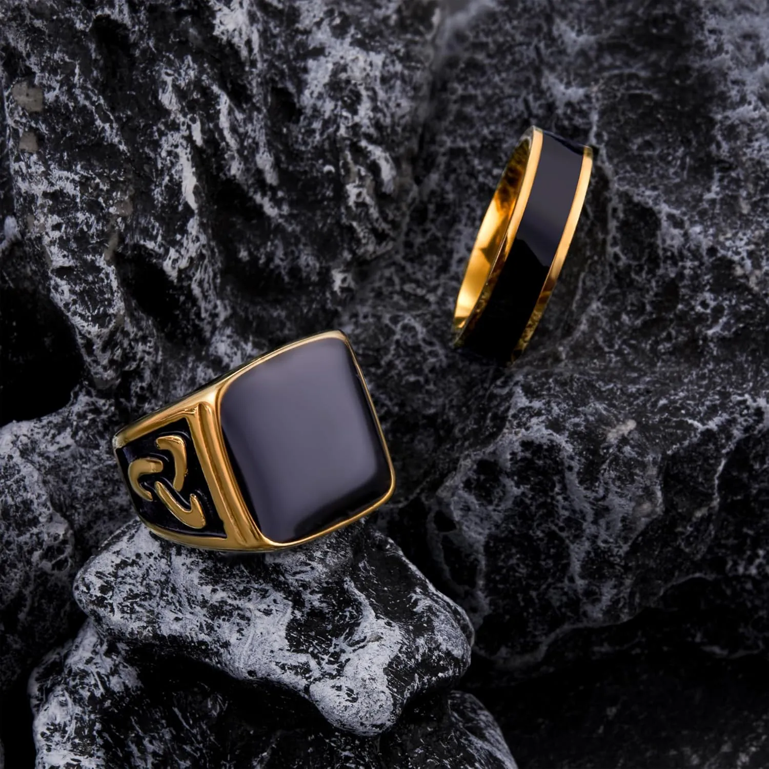 9 Pcs Men's Stainless Steel Vintage Signet Ring Set: Square, Pinky, Thumb, Chunky, Thin Band, Cuban Link, Biker Rings for Men