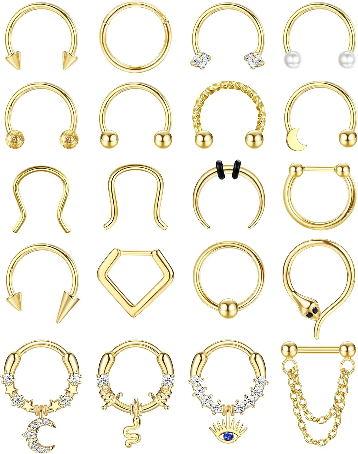 BESTEEL 20PCS 16G Septum Nose Rings for Women - Hypoallergenic Surgical Steel daith piercing jewelry Cute CZ Dangle Hinged Clicker Lip Helix Tragus Daith Cartilage Earrings Hoop 10MM Gold Silver Black