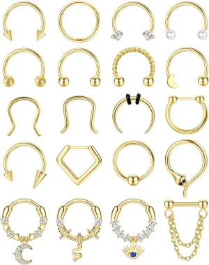 BESTEEL 20PCS 16G Septum Nose Rings for Women - Hypoallergenic Surgical Steel daith piercing jewelry Cute CZ Dangle Hinged Clicker Lip Helix Tragus Daith Cartilage Earrings Hoop 10MM Gold Silver Black