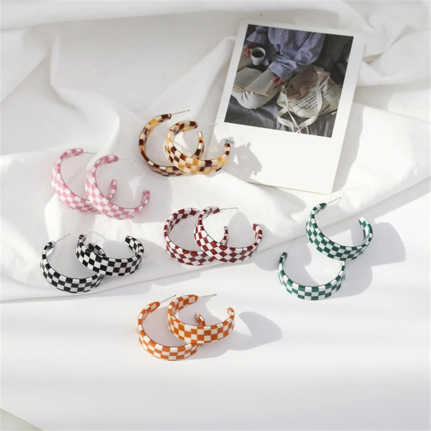 Checkerboard Hoop Earrings for Women Sterling Silver Post Hypoallergenic Retro Simple Colorful Acrylic Resin Checker Black White Grid Lightweight Open C shaped Earrings for 70s 80s 90s Party Jewelry Gifts