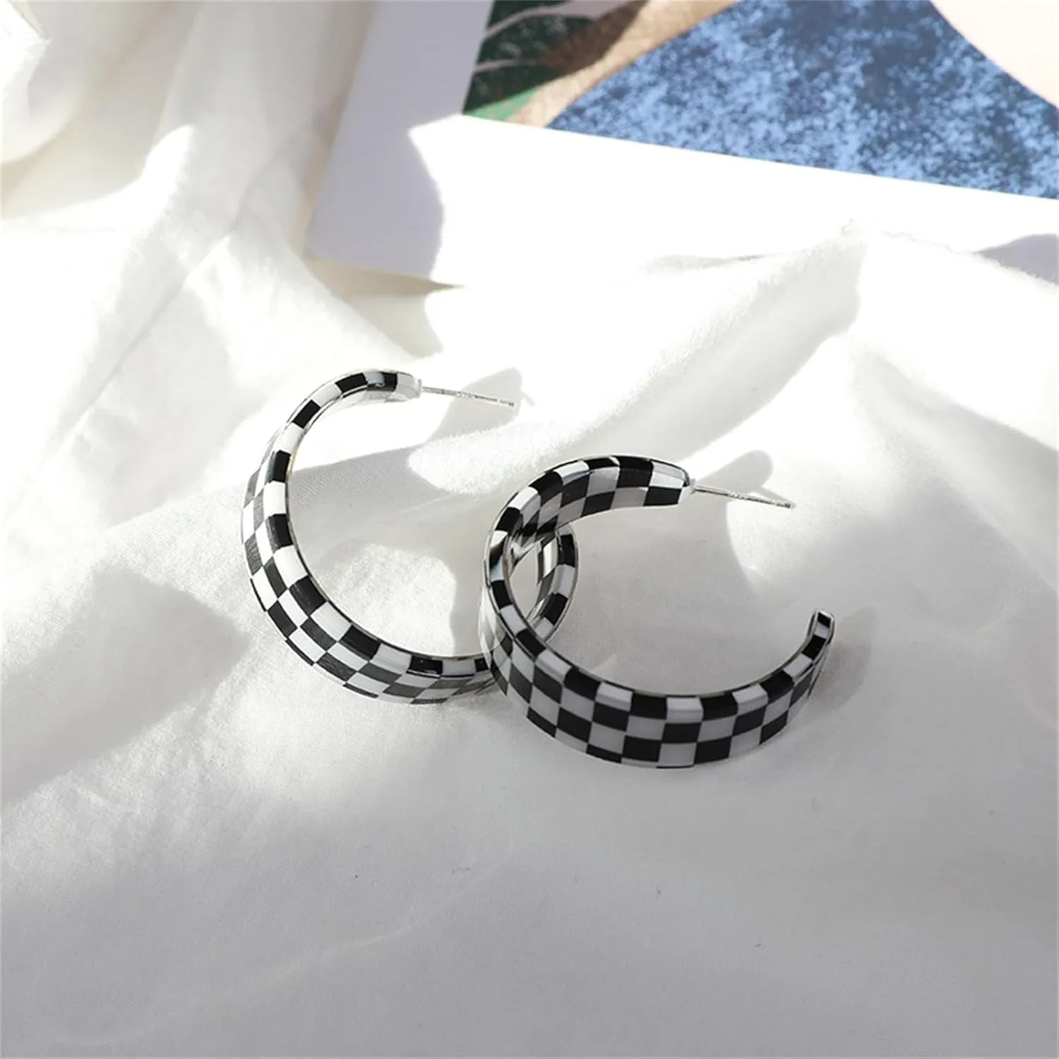 Checkerboard Hoop Earrings for Women Sterling Silver Post Hypoallergenic Retro Simple Colorful Acrylic Resin Checker Black White Grid Lightweight Open C shaped Earrings for 70s 80s 90s Party Jewelry Gifts