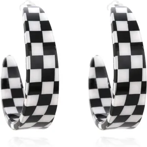 Checkerboard Hoop Earrings for Women Sterling Silver Post Hypoallergenic Retro Simple Colorful Acrylic Resin Checker Black White Grid Lightweight Open C shaped Earrings for 70s 80s 90s Party Jewelry Gifts