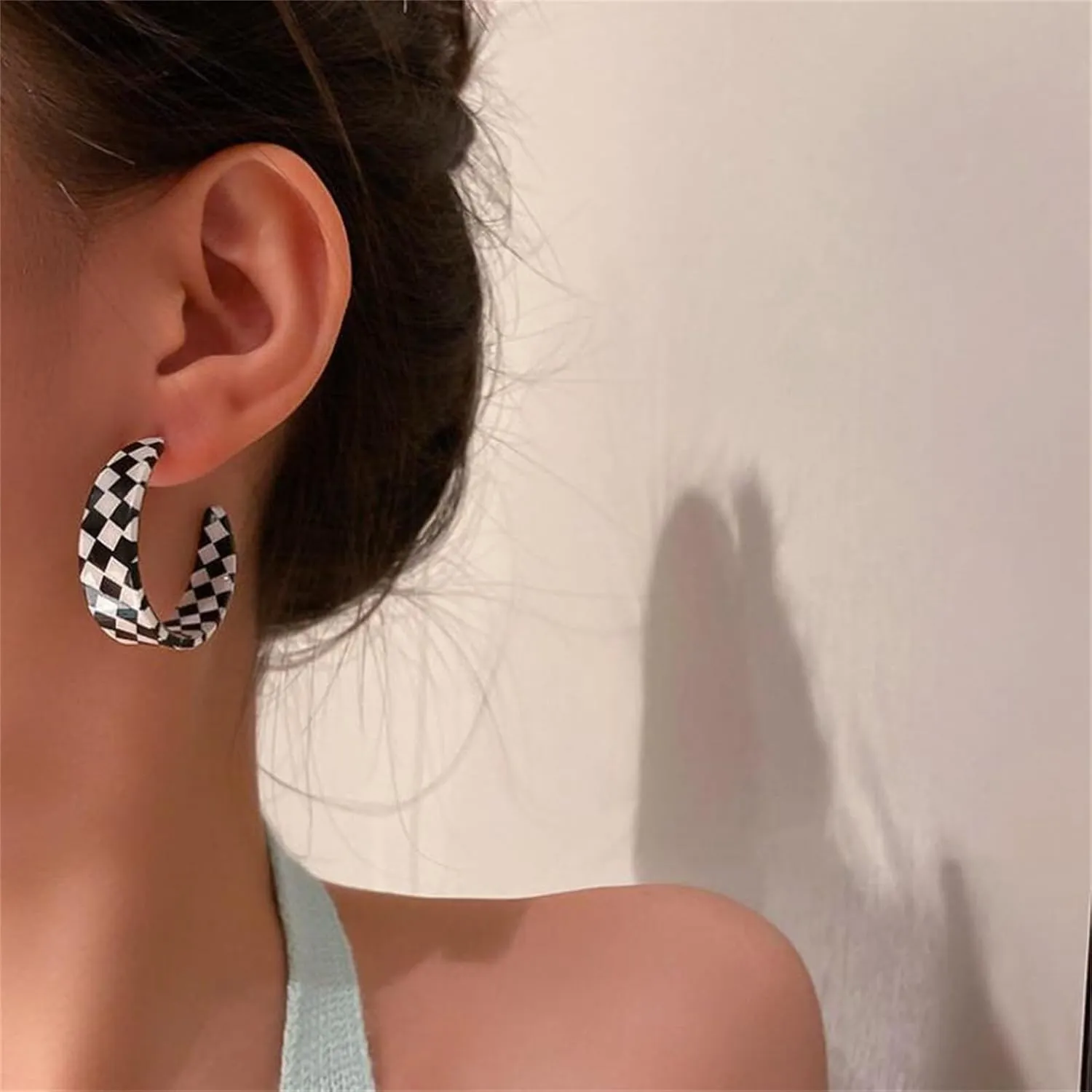 Checkerboard Hoop Earrings for Women Sterling Silver Post Hypoallergenic Retro Simple Colorful Acrylic Resin Checker Black White Grid Lightweight Open C shaped Earrings for 70s 80s 90s Party Jewelry Gifts