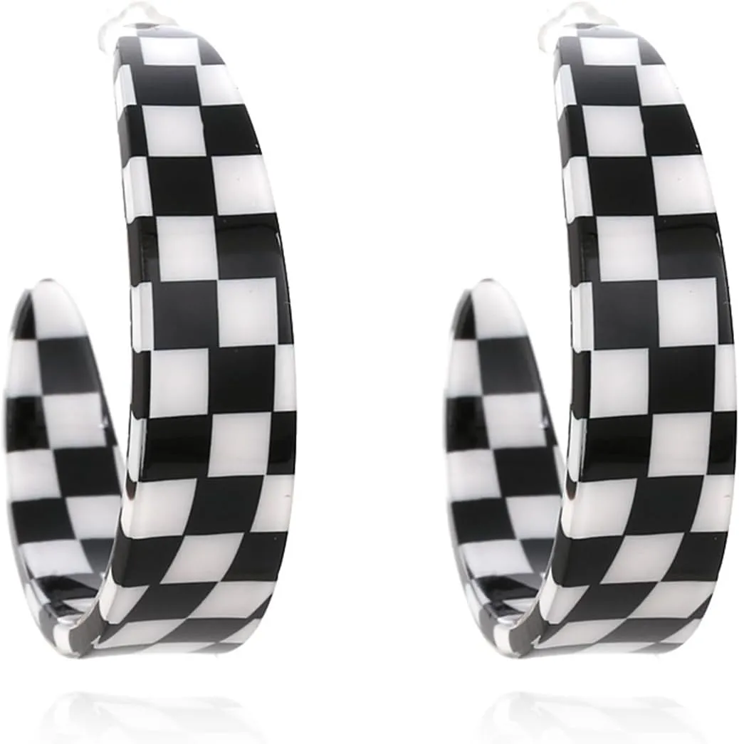 Checkerboard Hoop Earrings for Women Sterling Silver Post Hypoallergenic Retro Simple Colorful Acrylic Resin Checker Black White Grid Lightweight Open C shaped Earrings for 70s 80s 90s Party Jewelry Gifts