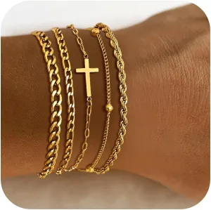 Cross Bracelets Gold Jewelry Gifts , 14k Gold Plated Layered Bracelet Snake Cuban Chain,Stackable Christian Bracelet Pack Womens Trendy Jewelry,Easter Christmas Christian Gift for Her Mom Girlfriend