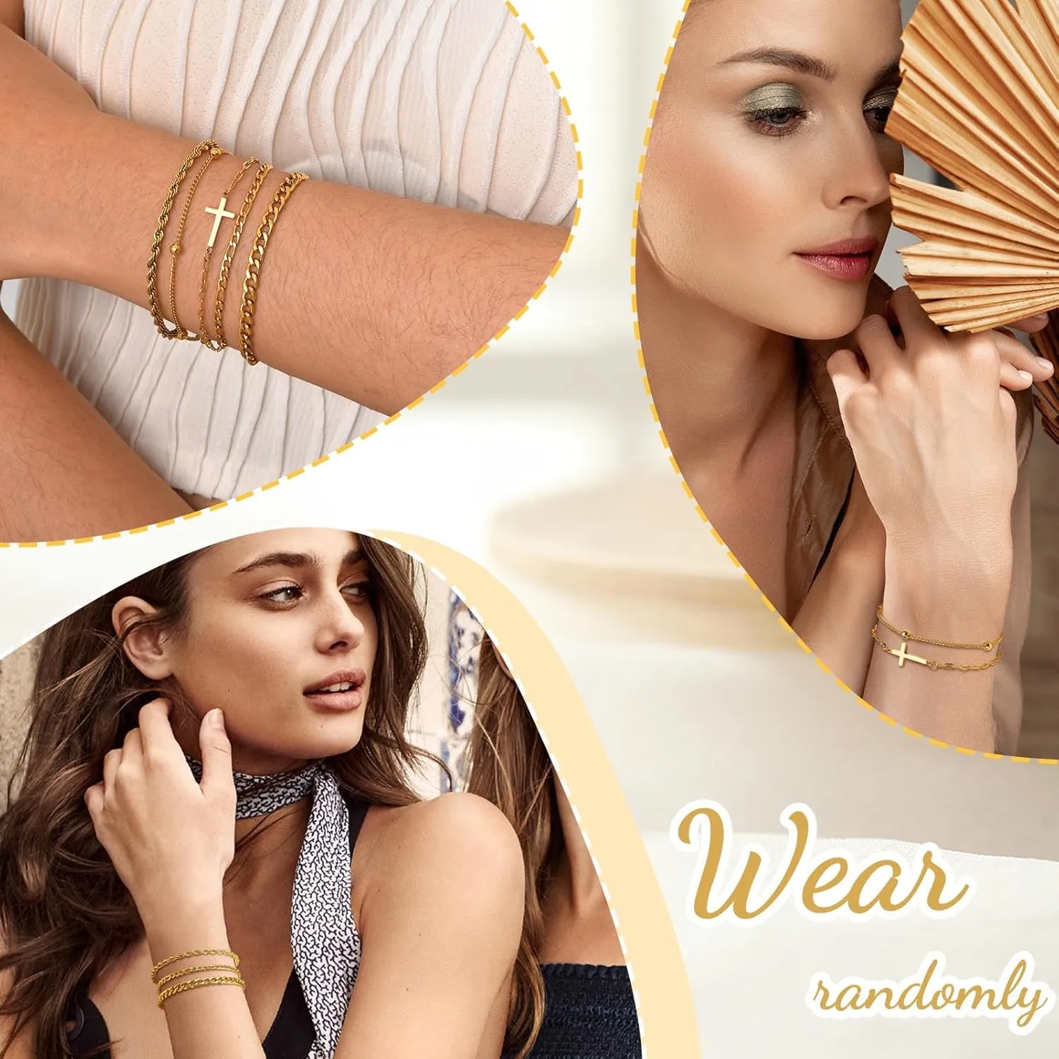 Cross Bracelets Gold Jewelry Gifts , 14k Gold Plated Layered Bracelet Snake Cuban Chain,Stackable Christian Bracelet Pack Womens Trendy Jewelry,Easter Christmas Christian Gift for Her Mom Girlfriend