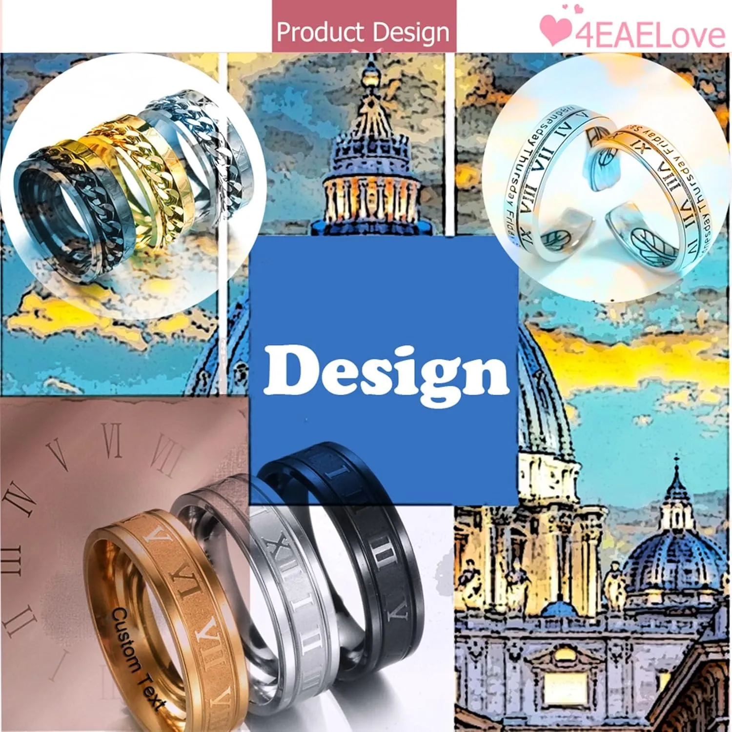 Customize Roman Numberals Rings Hand Made Titanium Stainless Steel Couples Ring Inside Can Engraved Promise Rings 6mm 8mm Silver Gold Color Black Open Rings