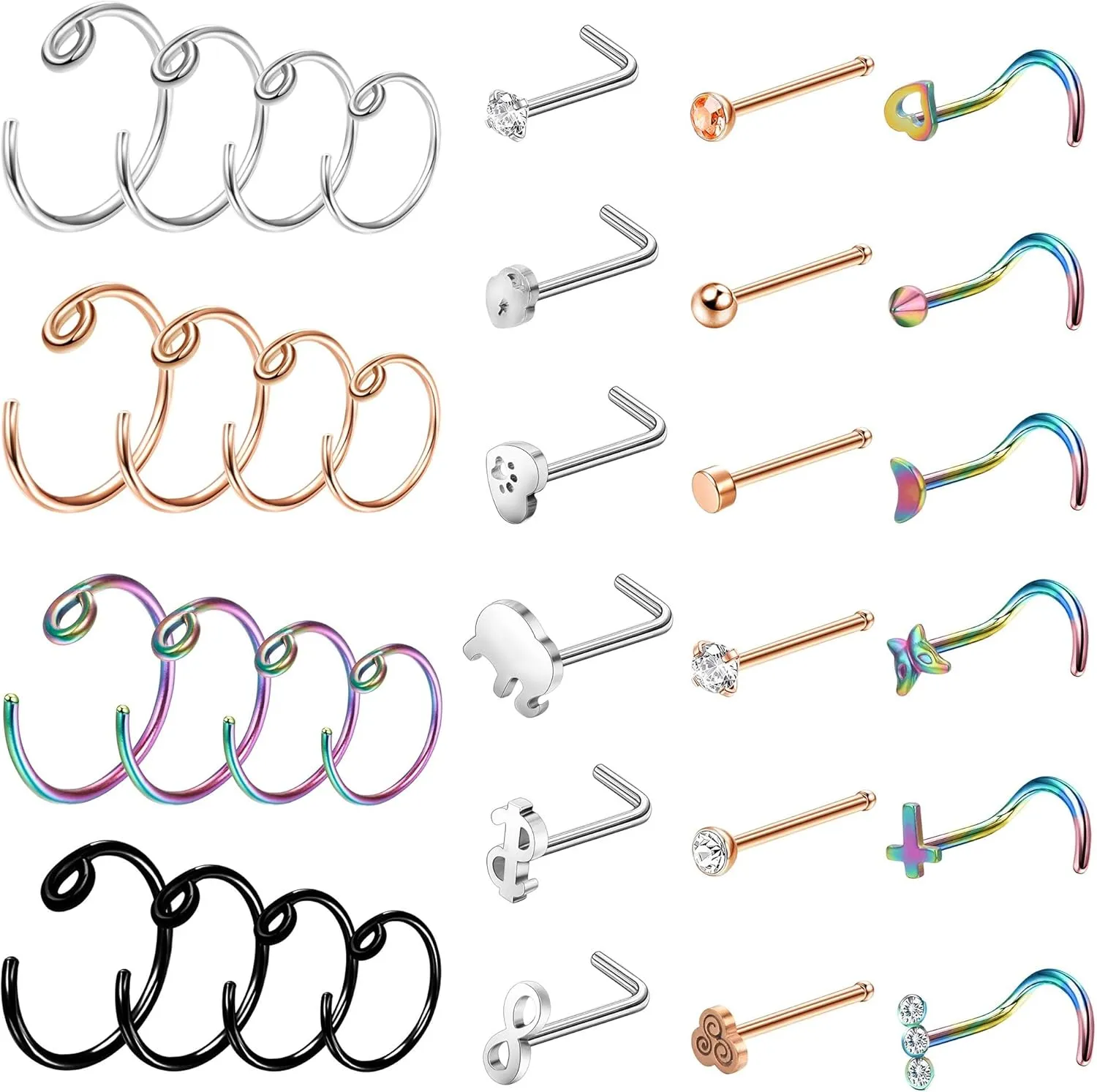 Dochais 34PCS Nose Rings Nose Studs 20G Nose Rings for Women Stainless Steel Nose Ring Studs Hoop Nose Bone L Shaped Screw Nose Stud Nose Piercing Jewelry Set