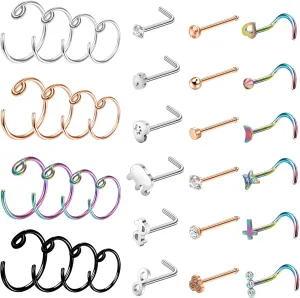 Dochais 34PCS Nose Rings Nose Studs 20G Nose Rings for Women Stainless Steel Nose Ring Studs Hoop Nose Bone L Shaped Screw Nose Stud Nose Piercing Jewelry Set