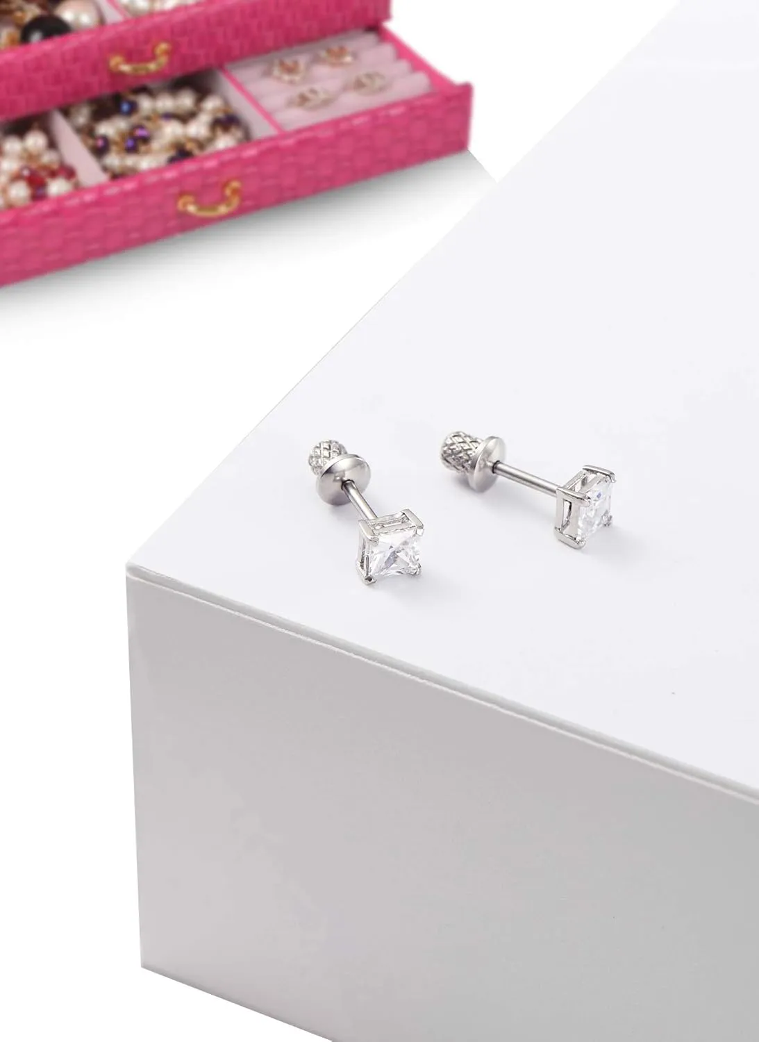 Earrings For Girls, Princess Cut Cubic Zirconia Hypoallergenic Earrings for Girls, Stud Screw On Safety Backs, Stainless Steel Ultra Sensitive Ears Post For Kids, Toddlers, Little Girls