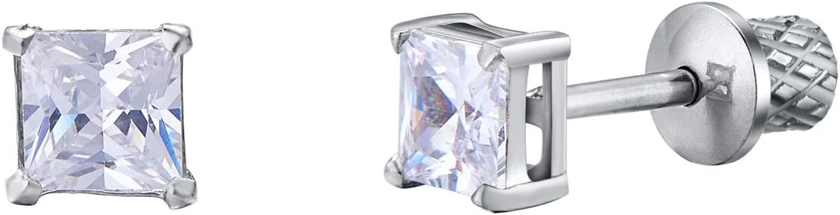 Earrings For Girls, Princess Cut Cubic Zirconia Hypoallergenic Earrings for Girls, Stud Screw On Safety Backs, Stainless Steel Ultra Sensitive Ears Post For Kids, Toddlers, Little Girls