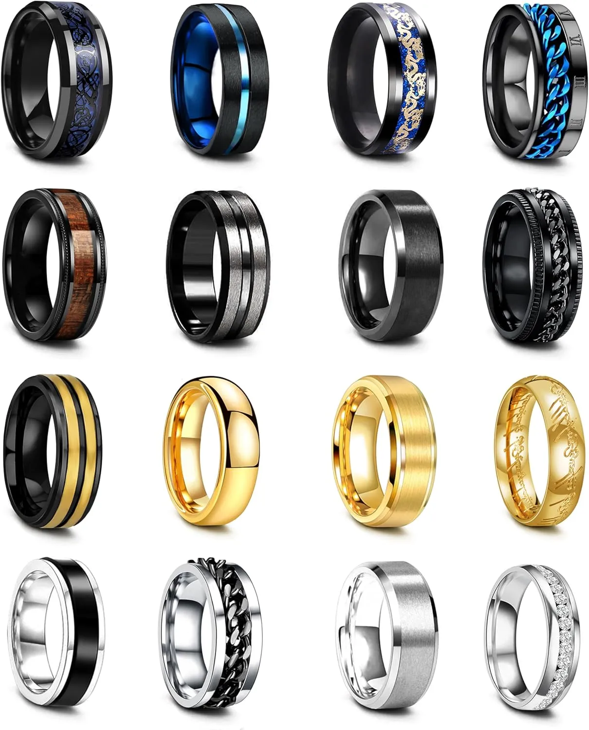 EIELO 16Pcs Stainless Steel Band Rings for Men Cool Black Gold Silver Plated Rings Comfort Fit Fidget Spinning Chain Ring Fashion Simple Mens Wedding Engagement Ring Set