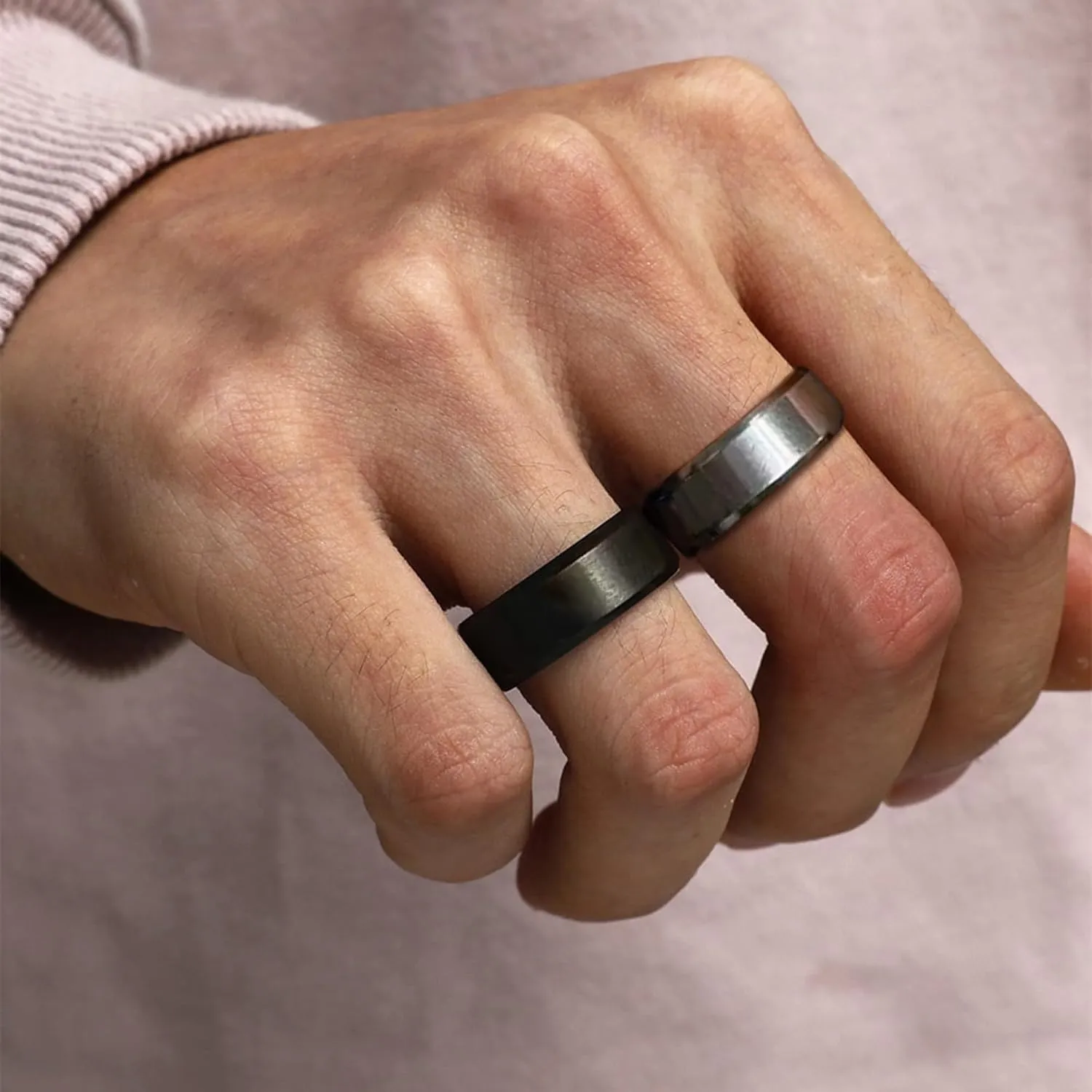 EIELO 16Pcs Stainless Steel Band Rings for Men Cool Black Gold Silver Plated Rings Comfort Fit Fidget Spinning Chain Ring Fashion Simple Mens Wedding Engagement Ring Set