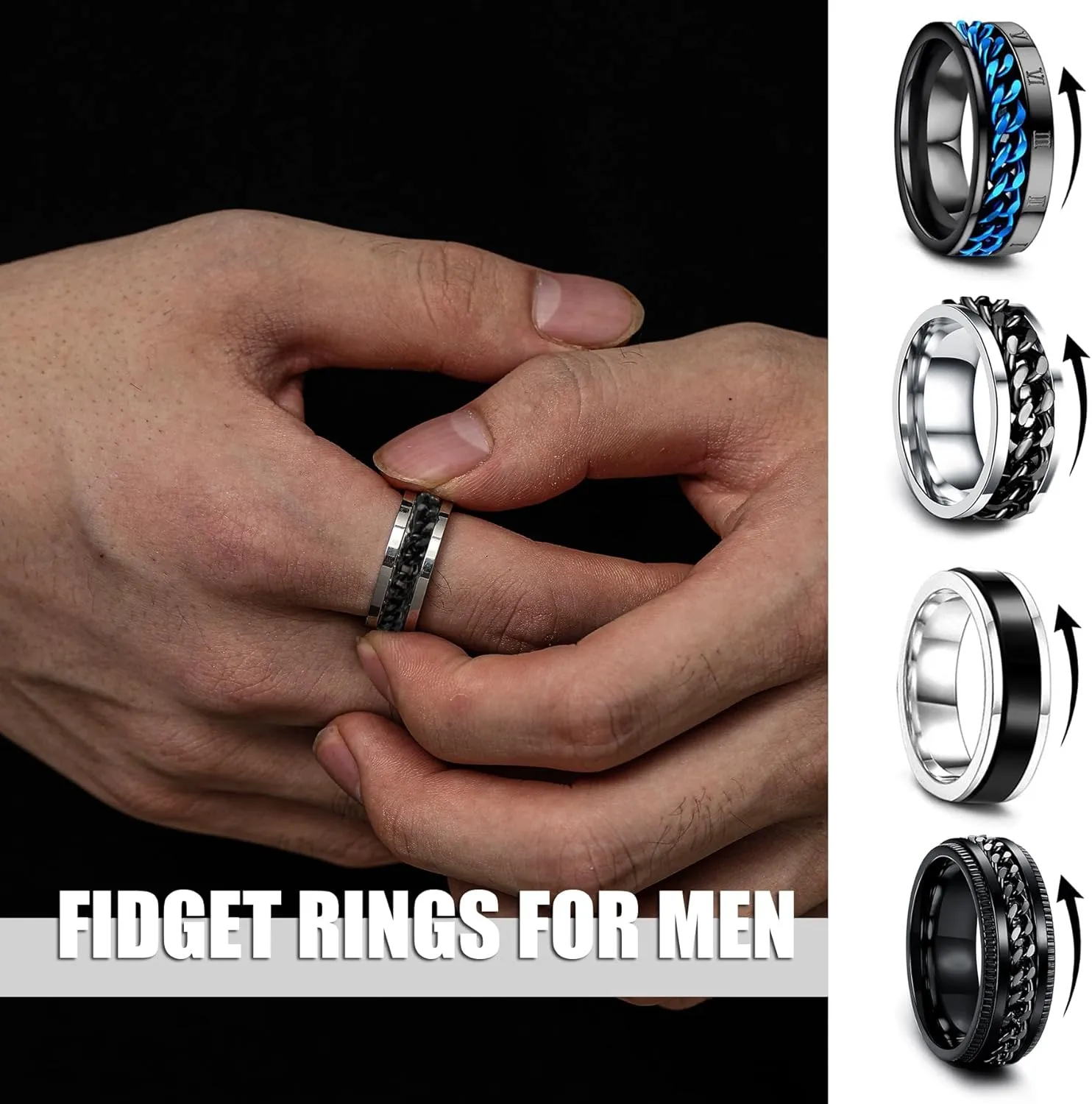 EIELO 16Pcs Stainless Steel Band Rings for Men Cool Black Gold Silver Plated Rings Comfort Fit Fidget Spinning Chain Ring Fashion Simple Mens Wedding Engagement Ring Set