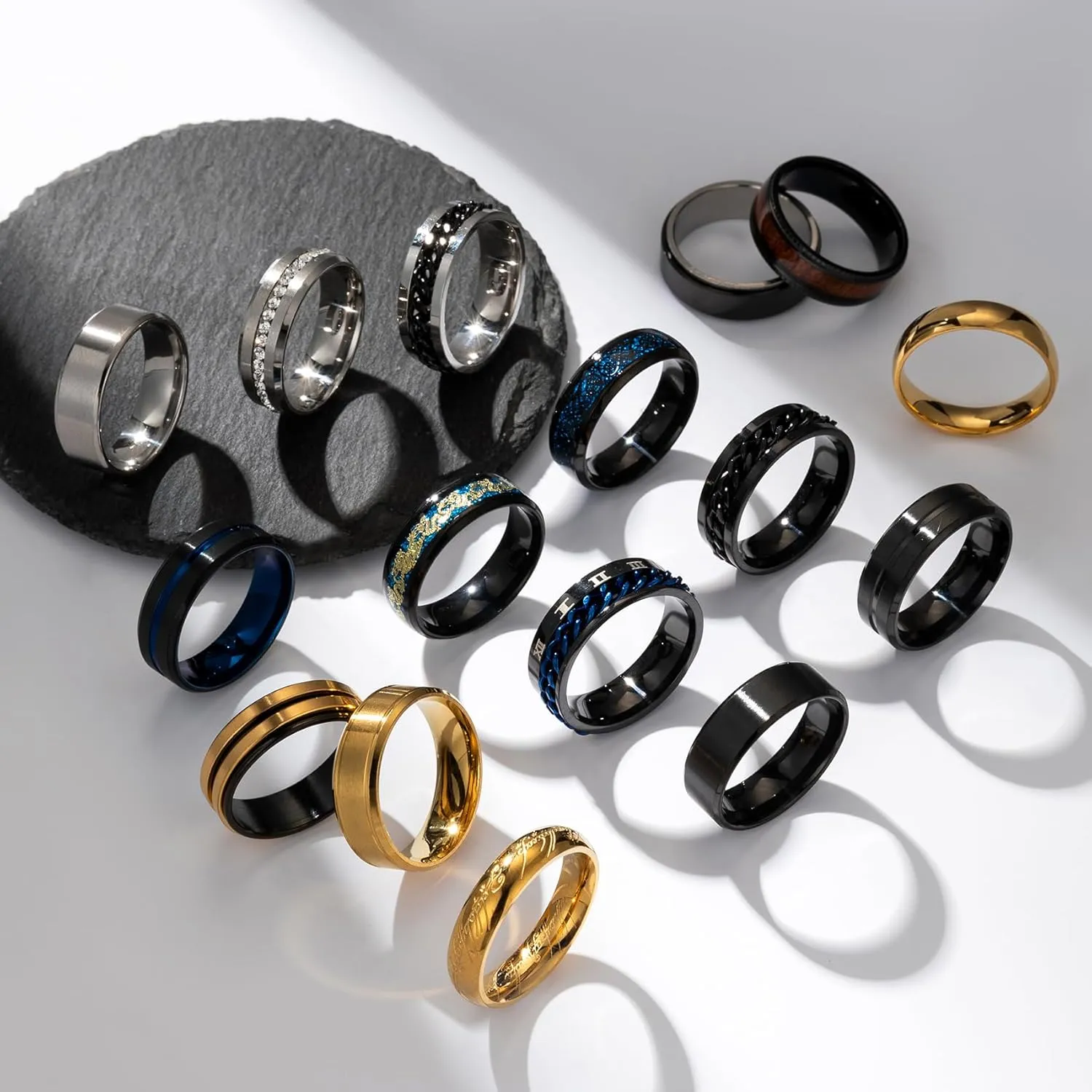 EIELO 16Pcs Stainless Steel Band Rings for Men Cool Black Gold Silver Plated Rings Comfort Fit Fidget Spinning Chain Ring Fashion Simple Mens Wedding Engagement Ring Set