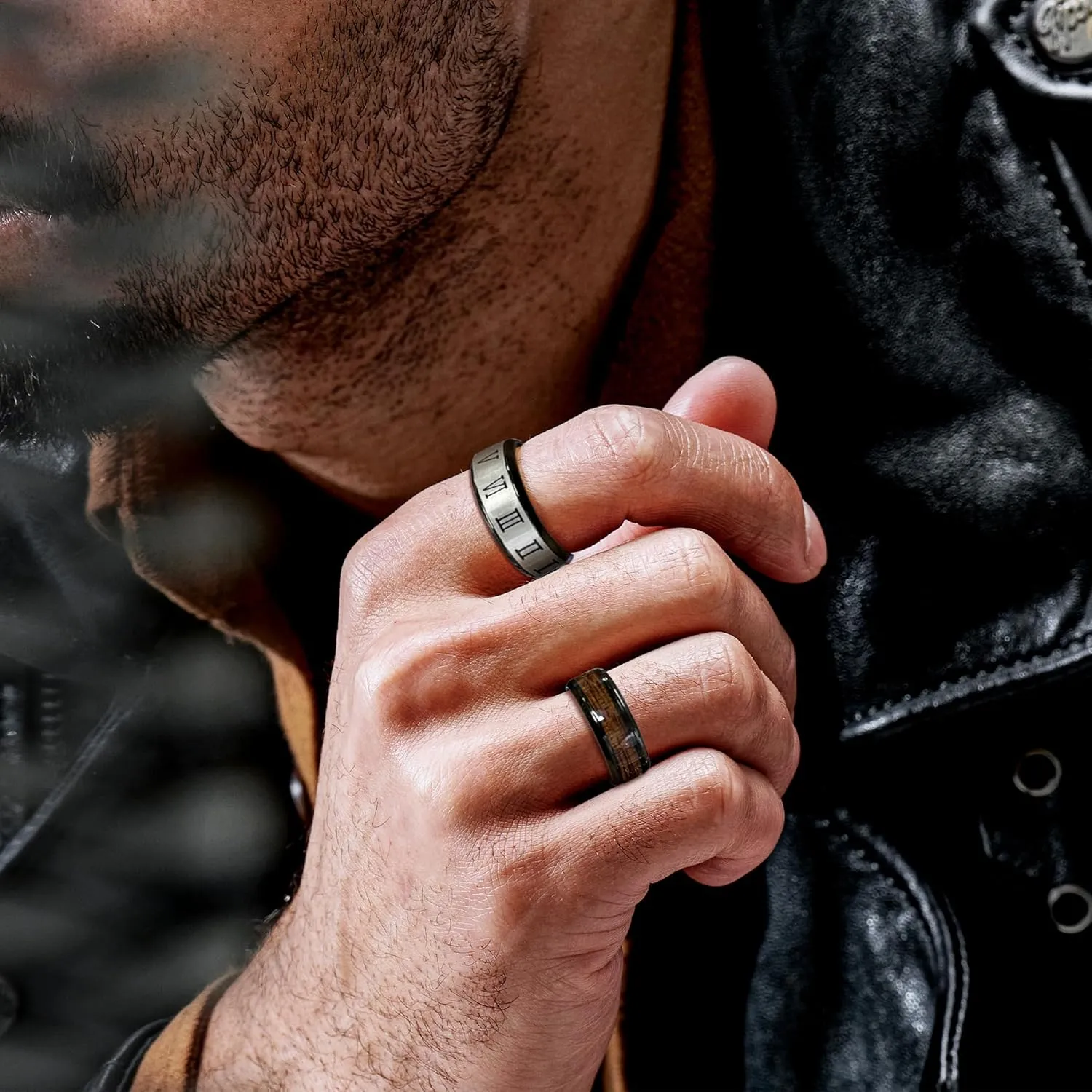 EIELO 16Pcs Stainless Steel Men Fidget Rings for Men Women Stress Anxiety Relief Spinning Rings Cool Black Rings Fashion Chain Band Ring Mens Wedding Engagement Ring Set
