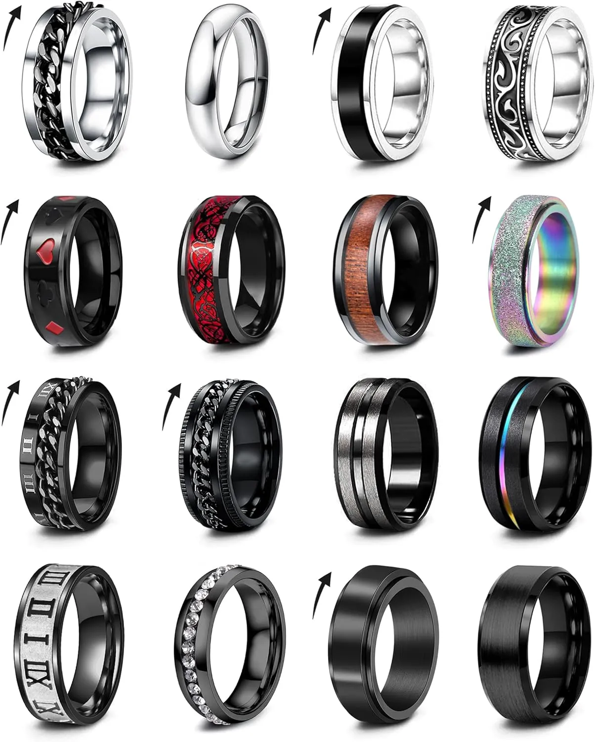 EIELO 16Pcs Stainless Steel Men Fidget Rings for Men Women Stress Anxiety Relief Spinning Rings Cool Black Rings Fashion Chain Band Ring Mens Wedding Engagement Ring Set