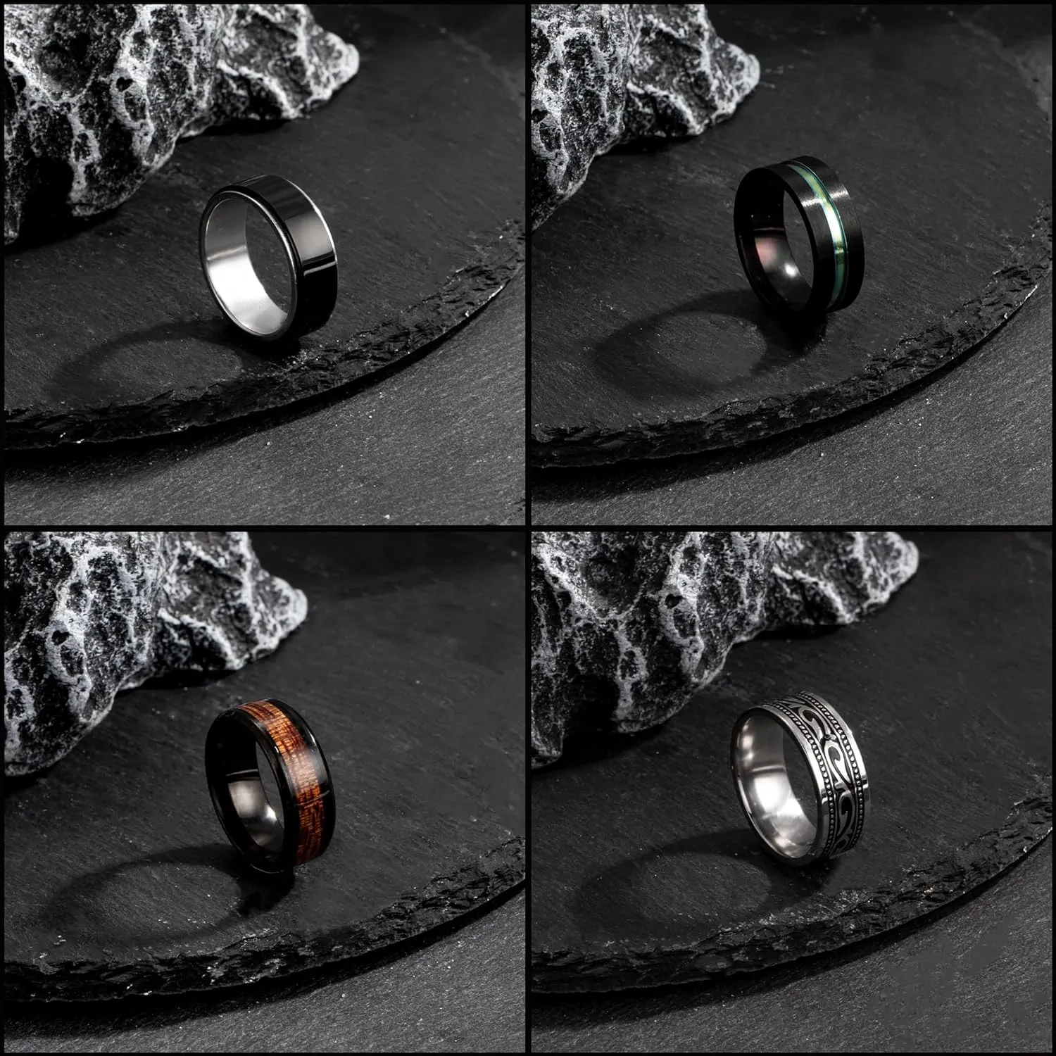 EIELO 16Pcs Stainless Steel Men Fidget Rings for Men Women Stress Anxiety Relief Spinning Rings Cool Black Rings Fashion Chain Band Ring Mens Wedding Engagement Ring Set