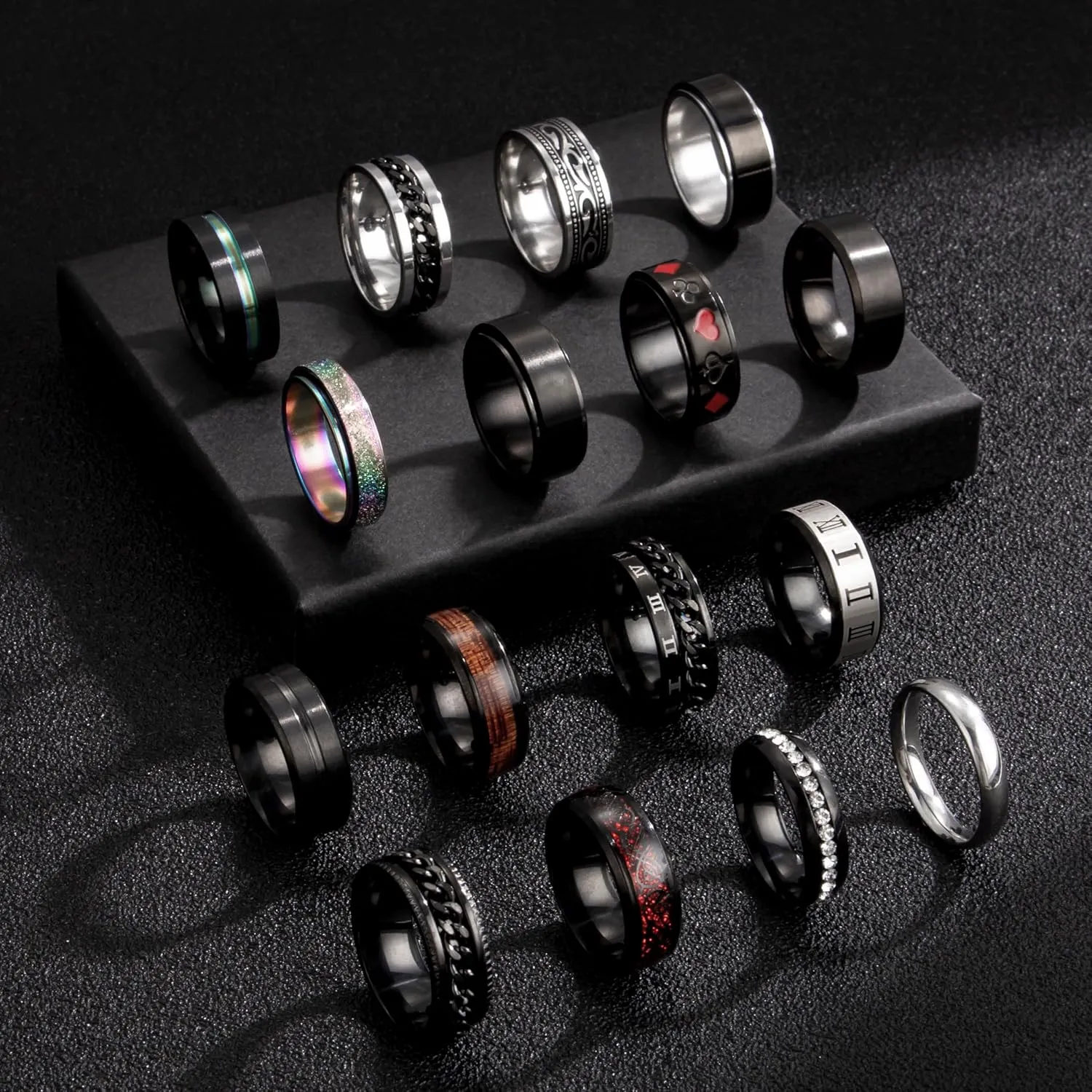 EIELO 16Pcs Stainless Steel Men Fidget Rings for Men Women Stress Anxiety Relief Spinning Rings Cool Black Rings Fashion Chain Band Ring Mens Wedding Engagement Ring Set