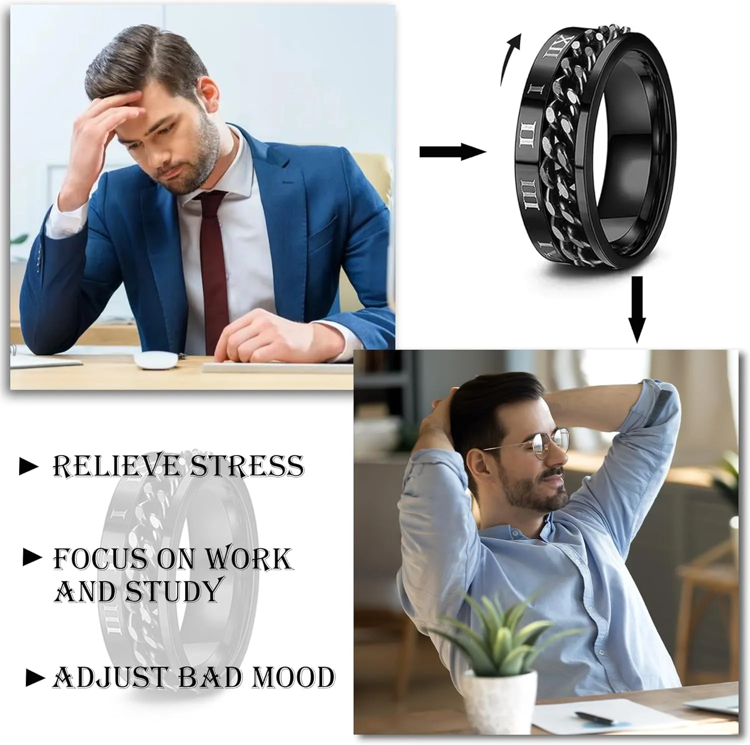 EIELO 16Pcs Stainless Steel Men Fidget Rings for Men Women Stress Anxiety Relief Spinning Rings Cool Black Rings Fashion Chain Band Ring Mens Wedding Engagement Ring Set
