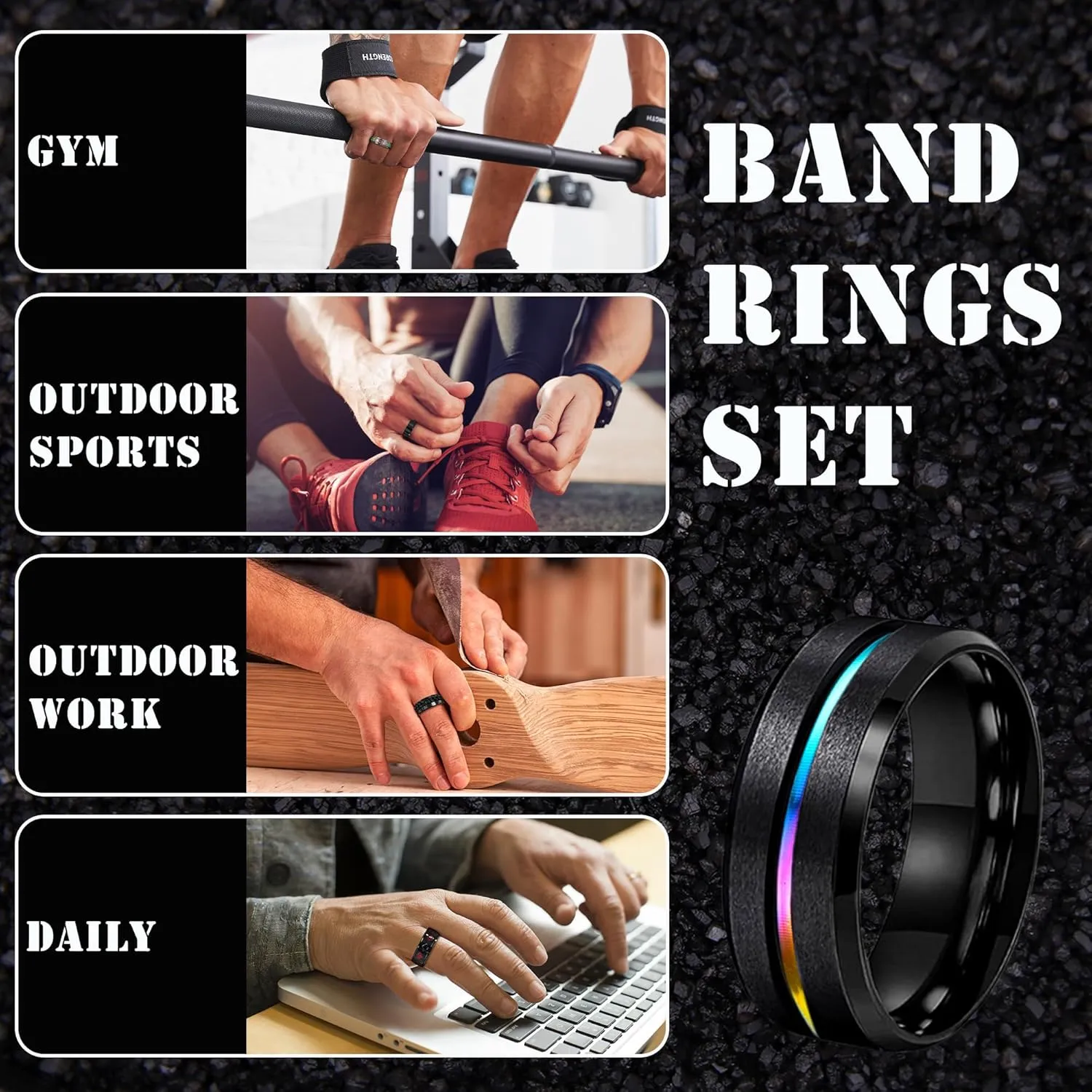 EIELO 16Pcs Stainless Steel Men Fidget Rings for Men Women Stress Anxiety Relief Spinning Rings Cool Black Rings Fashion Chain Band Ring Mens Wedding Engagement Ring Set