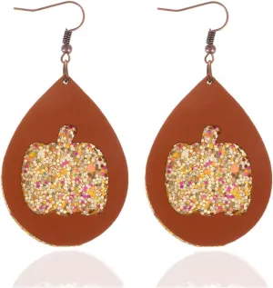 Fall Earrings Thanksgiving Earrings for Women,Fall Leather Earrings Vintage Pumpkin Maple Leaf Teardrop Dangle Earrings Faux Leather Double Earrings Thanksgiving Party Jewelry