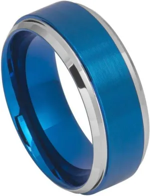 Free Personalized Laser Engraving Ring for Men and Ring for Women Tungsten Band Rings 9mm Blue IP Brushed Center High Polished Stepped/Beveled Edge Wedding Band Ring Ideal Rings for Couples