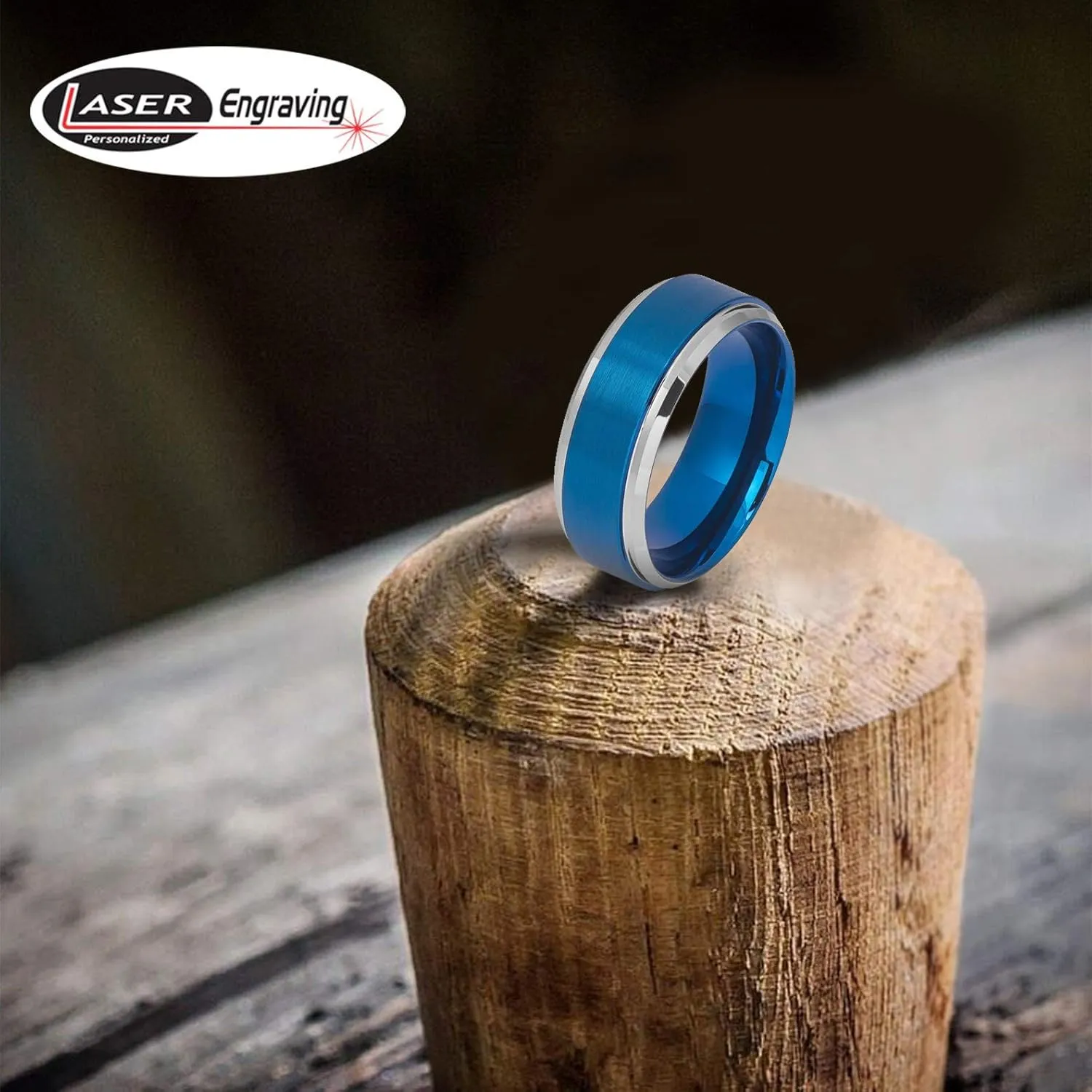 Free Personalized Laser Engraving Ring for Men and Ring for Women Tungsten Band Rings 9mm Blue IP Brushed Center High Polished Stepped/Beveled Edge Wedding Band Ring Ideal Rings for Couples