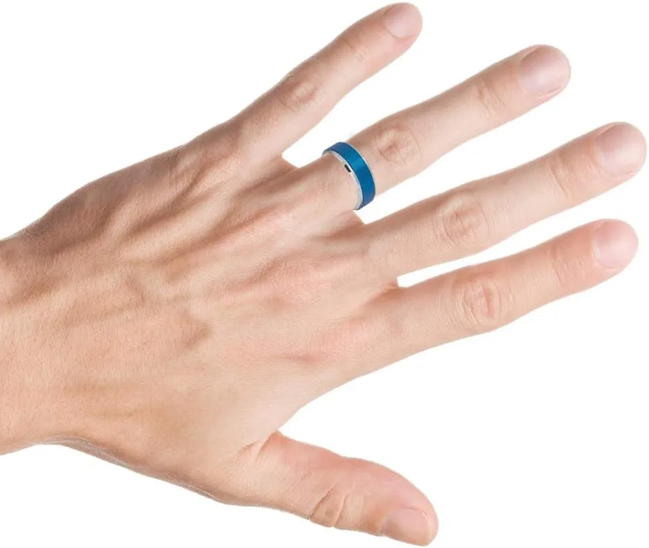 Free Personalized Laser Engraving Ring for Men and Ring for Women Tungsten Band Rings 9mm Blue IP Brushed Center High Polished Stepped/Beveled Edge Wedding Band Ring Ideal Rings for Couples