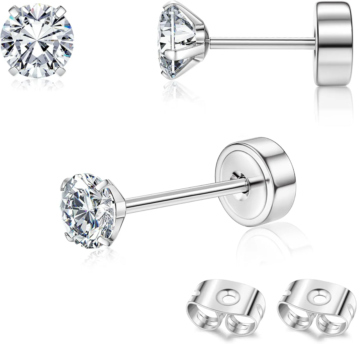 G23 Titanium Hypoallergenic Earrings for Women Men Threadless Flat Back Earrings Gold Silver Earrings Studs Flatback Tiny 2mm/3mm/4mm CZ Ball Dot Cartilage Earring Tragus Helix Piercing Jewelry