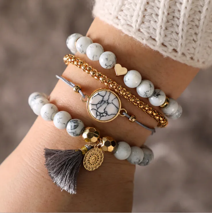 Geometric Creative Hollow Fringed Pine Stone Bracelet Set of Four