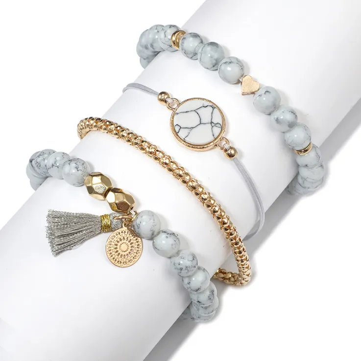 Geometric Creative Hollow Fringed Pine Stone Bracelet Set of Four