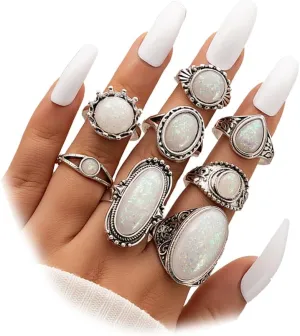 GIGB PBDK Silver Stackable Opal Knuckle Ring Set for Women Lady Boho Vintage Oval Gemstone Ring Geometric Joint Finger Stacking Nail Ring Jewelry