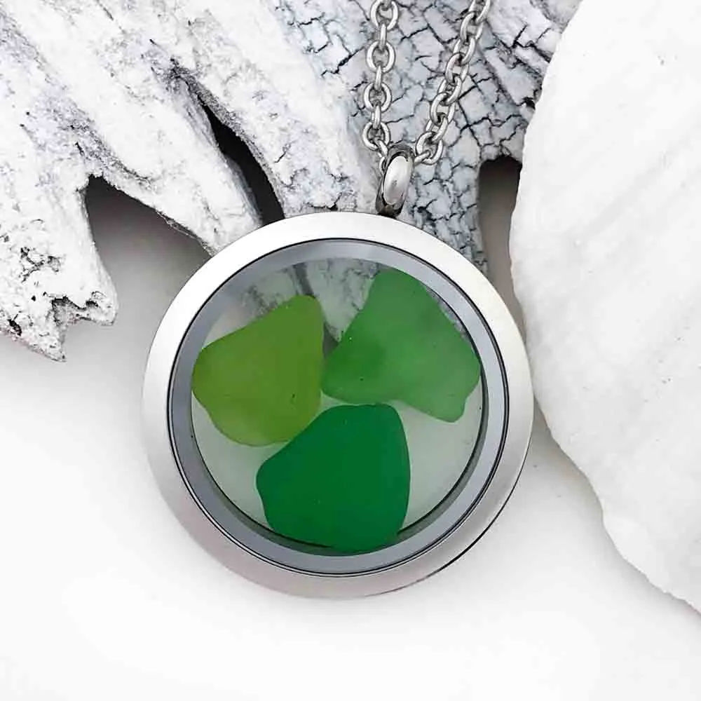 Green Glow Sea Glass Porthole Locket Necklace | #1684