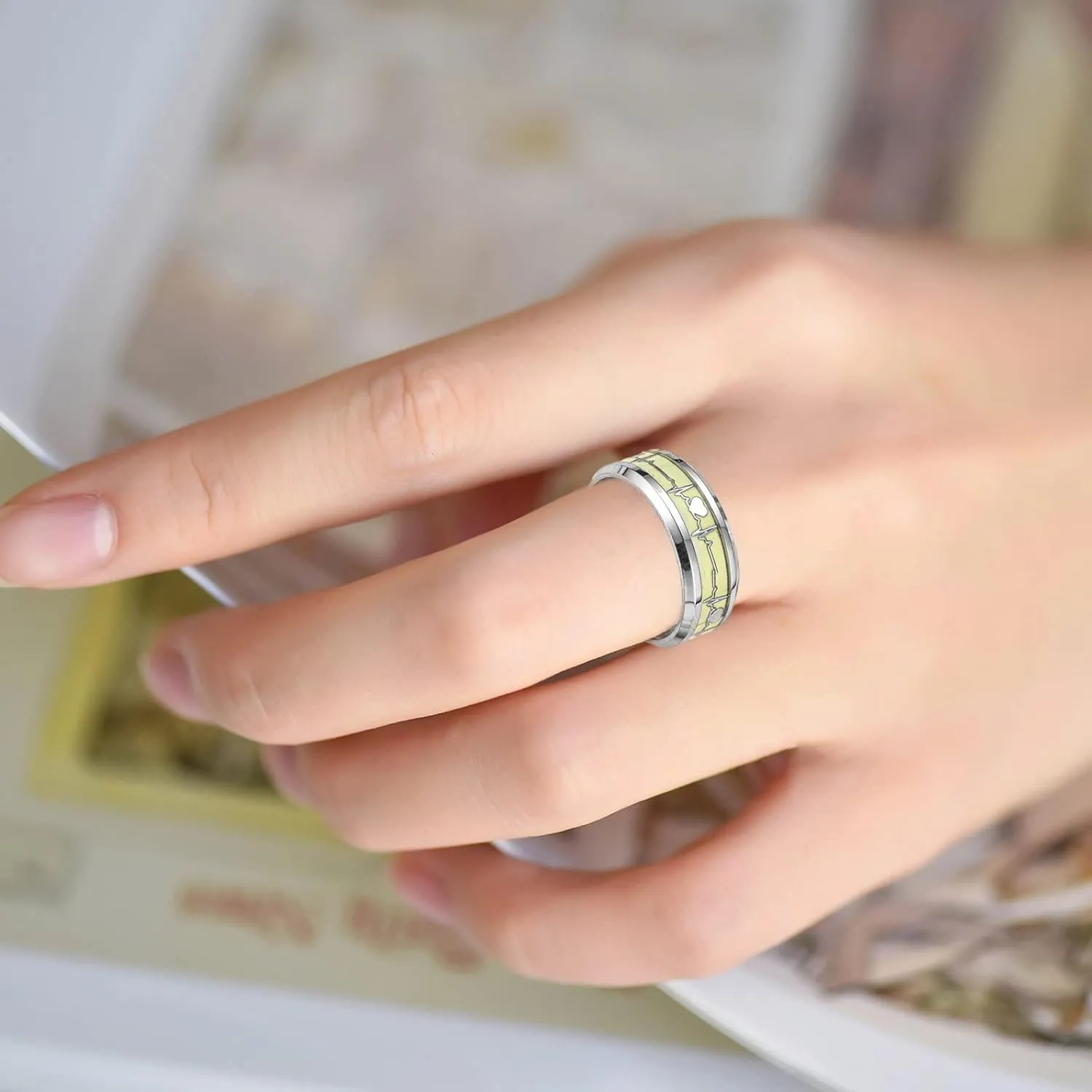 Heart Glow In The Dark Rings For Men Glow Rings Stainless Steel Rings For Women Boys, Dainty Inlay Wedding Bands