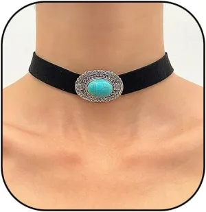 Layered Flannel Flower Choker Chain Necklaces for Women Punk Ellipse Stone Statement Clavicle Cord Chain Pendant Necklace Jewelry for Gifts