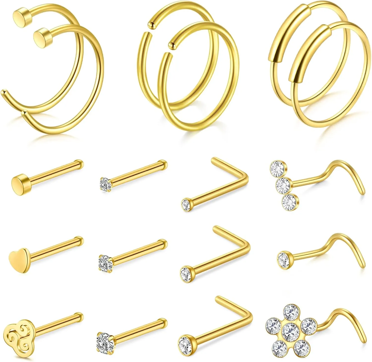 MODRSA Nose Hoops & Rings - L-Shaped, Studs, Gold & Silver Nose Piercings - 20g & 22g - Surgical Stainless Steel & Corkscrew Designs for Women & Men