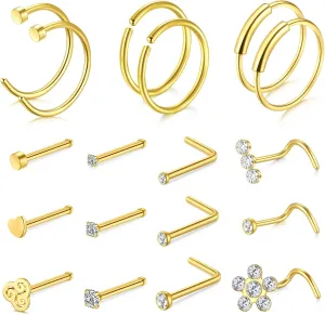MODRSA Nose Hoops & Rings - L-Shaped, Studs, Gold & Silver Nose Piercings - 20g & 22g - Surgical Stainless Steel & Corkscrew Designs for Women & Men